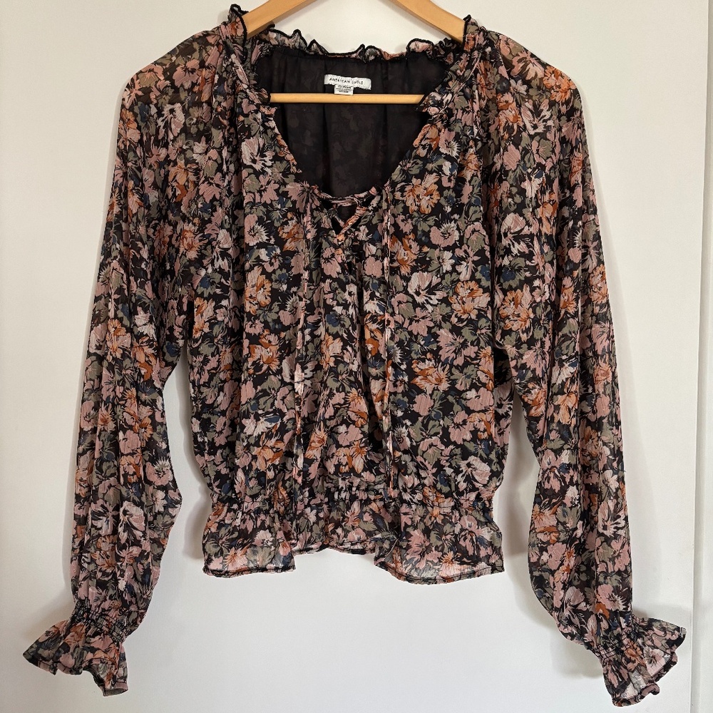 American Eagle Floral Chiffon Blouse w/ Metallic Detail - XS